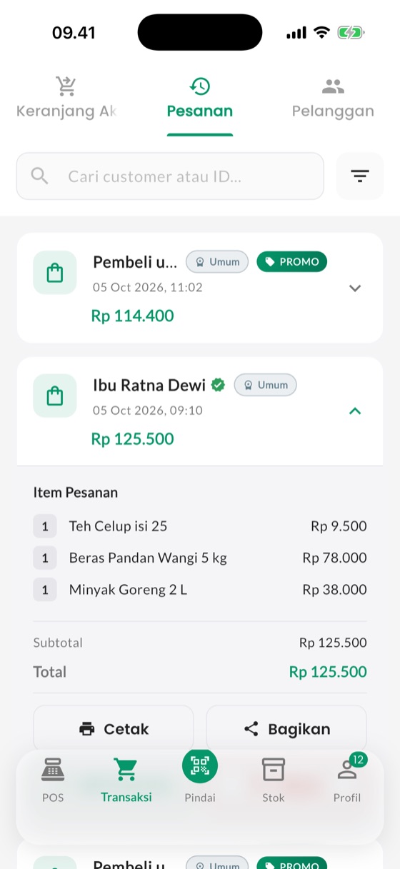 Detail transaksi: Rincian barang, pembayaran, dan cetak ulang struk.