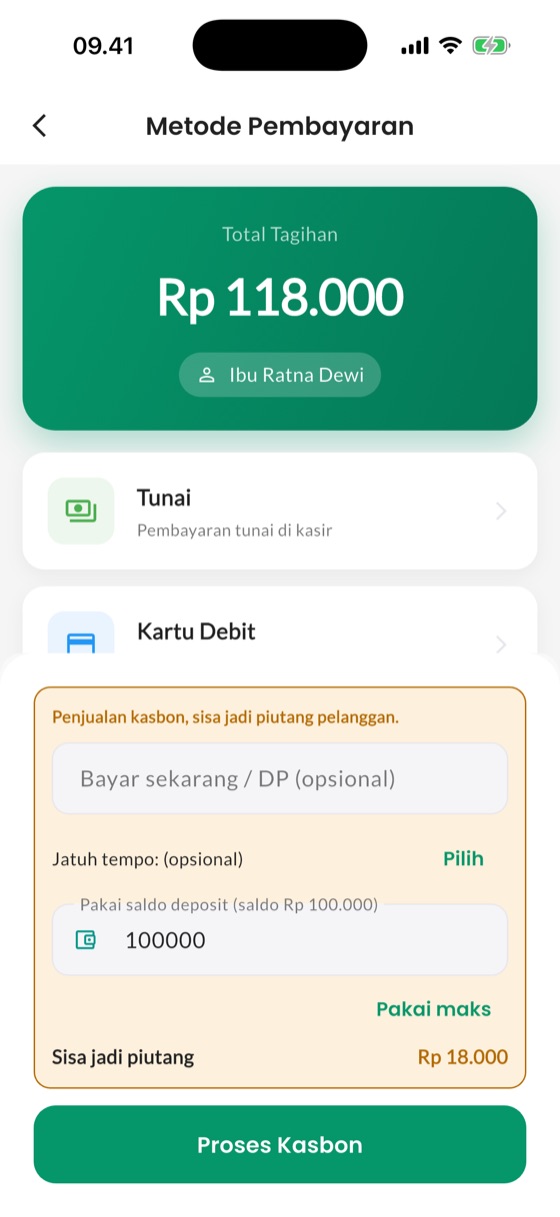 Bayar kasbon: Pelunasan sebagian atau penuh, tercatat otomatis.